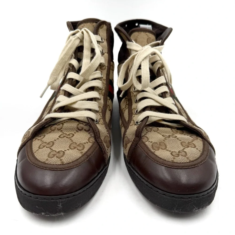 Gucci GG Supreme Monogram High Top Sneakers Web Stripe Brown Leather Men Sz 9